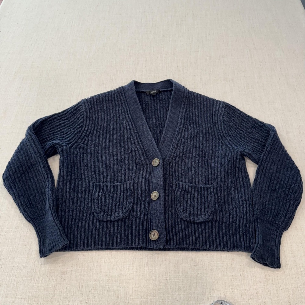 J Crew Cardigan Sweater Womens Small Navy Blue Cotton Blend Cropped